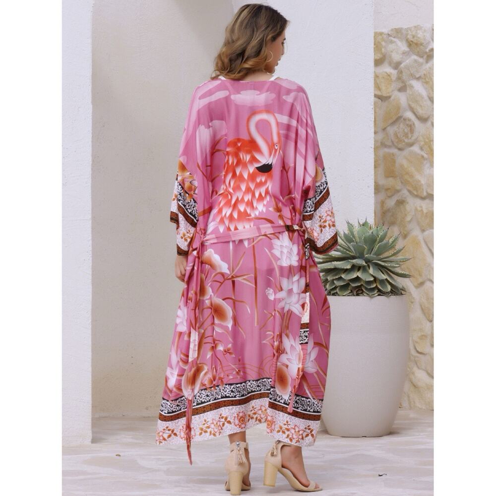 Retro Floral Print Kimono Duster Gypsy Cardigan Small Blossom Pink Black NO BELT